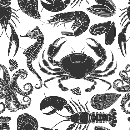 Sea creatures. Seamless pattern. Vector Illustration. Templates for menu design, packaging, restaurants and catering. Hand drawn images. Perfect for wallpaper, wrapping, fabric and textile.