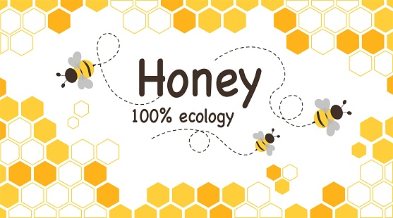 Banner with honey. Bees fly near honeycombs. Natural and organic product symbol. Ecology and environment. Texture background, cover and poster. Cartoon flat vector illustration