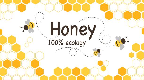 Banner with honey Banner with honey. Bees fly near honeycombs. Natural and organic product symbol. Ecology and environment. Texture background, cover and poster. Cartoon flat vector illustration bee stock illustrations