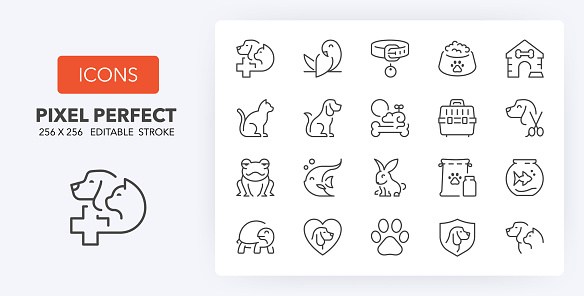 Pets and veterinary thin line icon set. Outline symbol collection. Editable vector stroke. 256x256 Pixel Perfect scalable to 128px, 64px...
