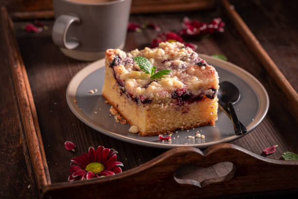 istock Tasty yeast cake with icing and fruits.. 1469692381