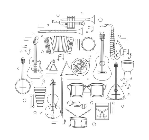 Musical instruments black and white Musical instruments black and white. Minimalistic poster or banner. Triangle, banjo, psaltery, electric and acoustic guitar and drum. Cartoon flat vector illustrations isolated on white background psaltery stock illustrations