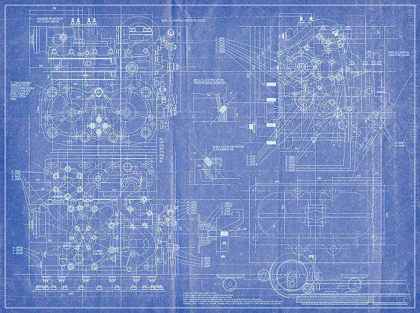 Engineering Blueprint A totally fictitious blueprint style image of a generic but complicated and highly detailed piece of machinery suitable for a background image for any aviation, aerospace, high tech or automotive literature. All information shown in the drawing is imaginational and is completely free of all copyright and/or intellectual property ownership issues complexity stock pictures, royalty-free photos & images