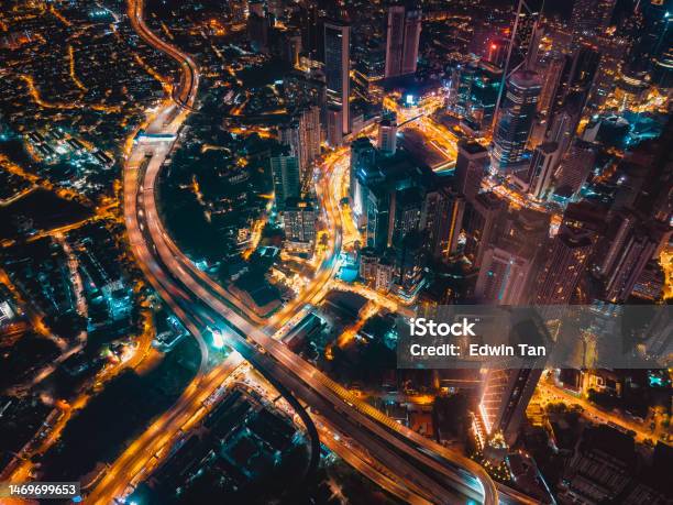 Drone View Kuala Lumpur Night Cityscape Stock Photo - Download Image Now - City, Kuala Lumpur, Street Light