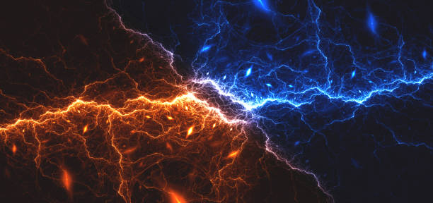 istock Hot orange and cold blue electrical lightning background 1469699848