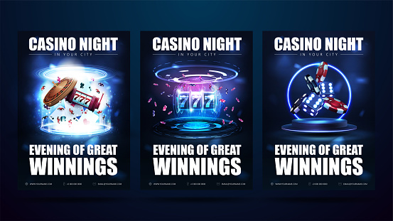 Casino night, set of blue digital invitation posters with slot machine, roulette wheel, playing cards, dice and poker chips