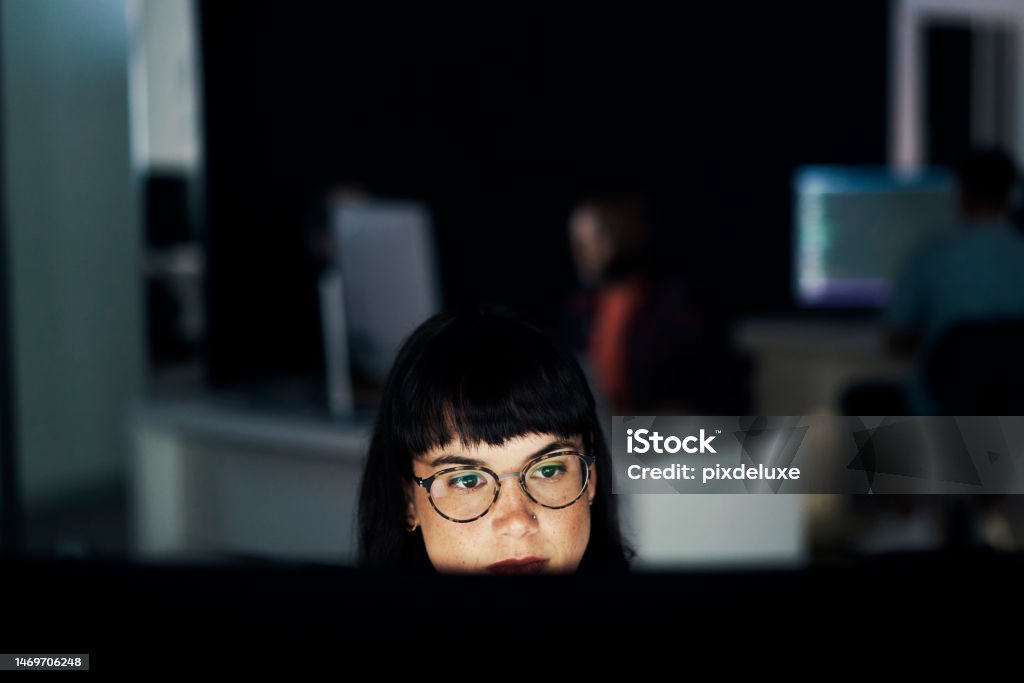 Night Serious And Light With Woman At Computer For Programmer Cloud ...