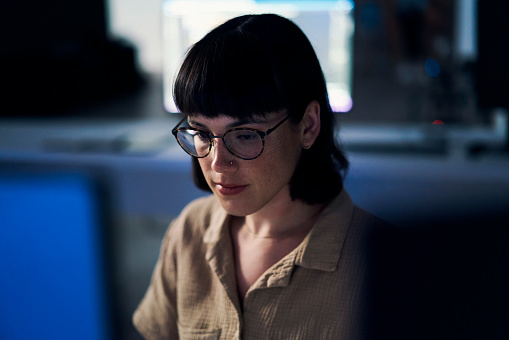 Woman Developer And Computer Coding At Night Or Programming For ...