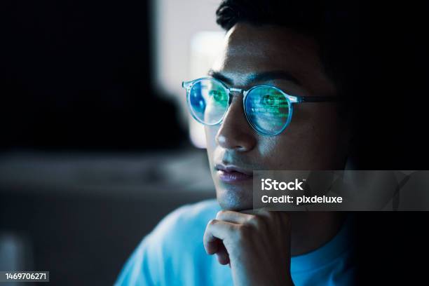 Code Asian Man And Reflection In Glasses Focus And Programming For Cyber Security Hacking And Modern Office Japan Male Employee With Eyewear And It Specialist Coding Programming And Thinking Stock Photo - Download Image Now
