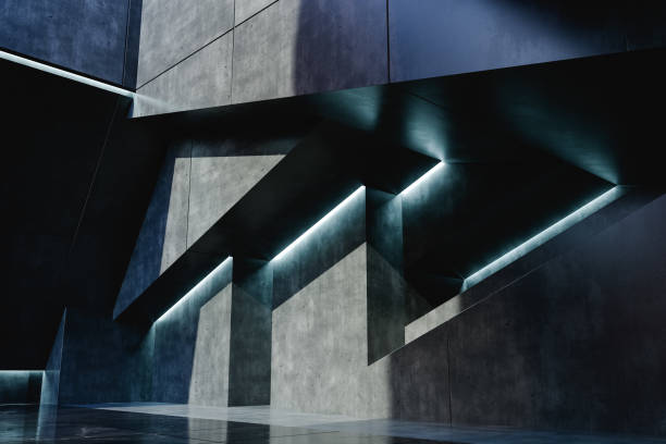 istock Futuristic exhibition hall with tiled dark walls 1469706342