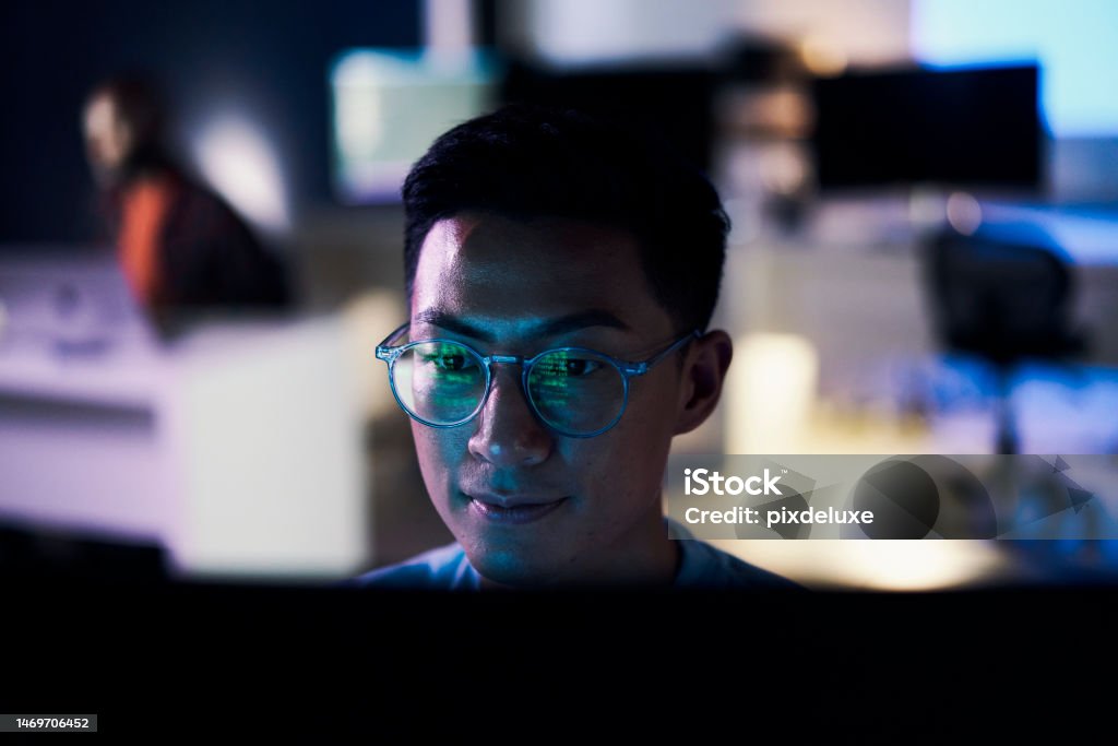 Businessman Computer Or Programming Code In Night Office For Software ...