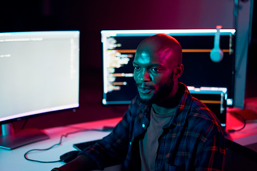 Programmer Code Black Code Neon Lights And Black Man With Programming Fintech And Coding In ...