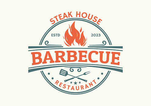 Barbeque logo or icon. BBQ label. Grill bar, restaurant, steak house vintage badge design with fire flame, grill fork and spatula. Vector illustration.