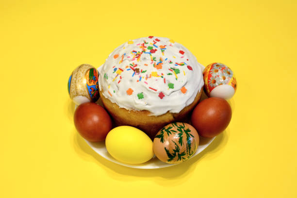 istock A plate of eggs and an easter cake with multicolored sugar sprinkles on yellow background 1469714323