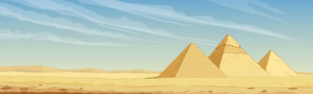 기자 피라미드의 전경. 이집트의 야생 동물, 푸른 하늘 아래 사막 풍경 전망. 고대 이집트 문화, 세계의 불가사의 중 하나. 손으로 그린 만화. 벡터 그림입니다. - giza plateau 이미지 stock illustrations