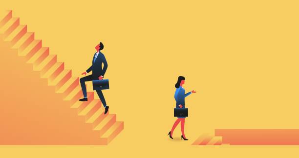 ilustraciones, imágenes clip art, dibujos animados e iconos de stock de hombre y mujer comparando escalas profesionales - businesswoman winning competition staircase