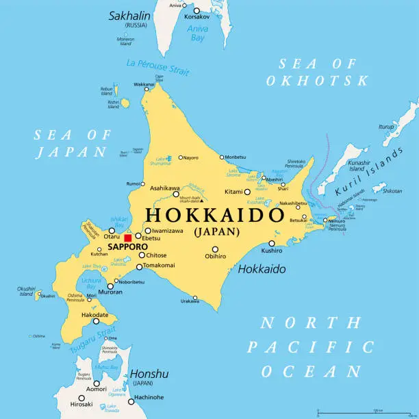 Vector illustration of Hokkaido, second largest island of Japan, political map