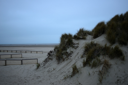View on Bruges-on-Sea, West-Flanders, Belgium in the twilight in February winter on the beach sand dunes with sea grass and a large sand  and sea and blue sky on the water horizon