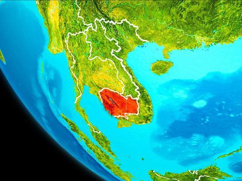 Cambodia highlighted in red on planet Earth with visible borders. 3D illustration. Elements of this image furnished by NASA.