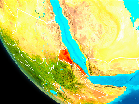 Eritrea highlighted in red on planet Earth with visible borders. 3D illustration. Elements of this image furnished by NASA.