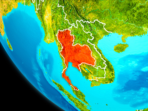 Thailand highlighted in red on planet Earth with visible borders. 3D illustration. Elements of this image furnished by NASA.