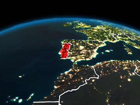 Space orbit view of Portugal highlighted in red on planet Earth at night with visible country borders and city lights. 3D illustration. Elements of this image furnished by NASA.