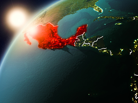 Mexico during sunset highlighted in red on planet Earth with visible country borders. 3D illustration. Elements of this image furnished by NASA.