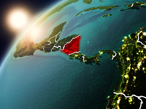 Nicaragua during sunset highlighted in red on planet Earth with visible country borders. 3D illustration. Elements of this image furnished by NASA.