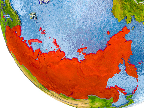 Map of Russia in red on globe with real planet surface, embossed countries with visible country borders and water in the oceans. 3D illustration. Elements of this image furnished by NASA.