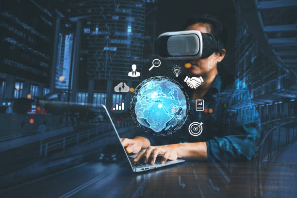 istock Businesswoman wearing VR glasses and accessing the Cloud Computing Technology Internet Storage Network Concept And a large database big data Through internet technology. Metaverse technology idea. 1469725666