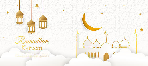 Islamic mosque with moon, stars, lanterns and clouds at night. Ramadan kareem greeting banner template vector