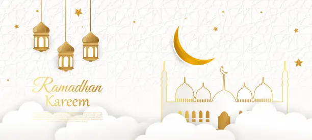 Vector illustration of Islamic mosque with moon, stars, lanterns and clouds at night. Ramadan kareem greeting banner template vector