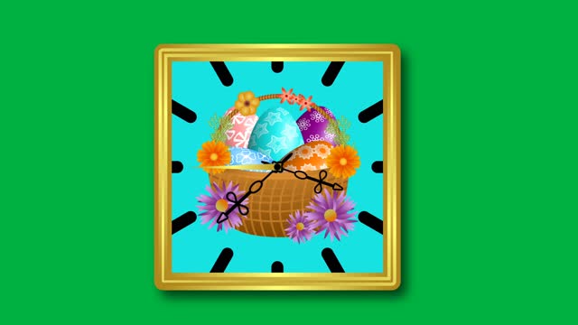 clock animation on green screen with Easter basket decorated with different flowers.