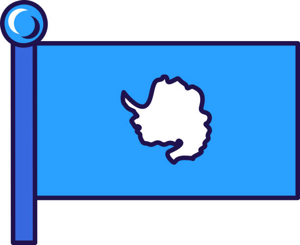 Antarctica continent flag on flagstaff vector Antarctica continent flag on flagstaff vector. Official symbol of snowy area for expedition and discovery. Antarctic white snow territory on blue background flat cartoon illustration national geographic stock illustrations