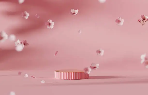 Photo of 3D background, pink podium display. Sakura pink flower falling. Cosmetic or beauty product promotion step floral, pastel pedestal. Abstract minimal advertise. 3D render copy space spring mockup.