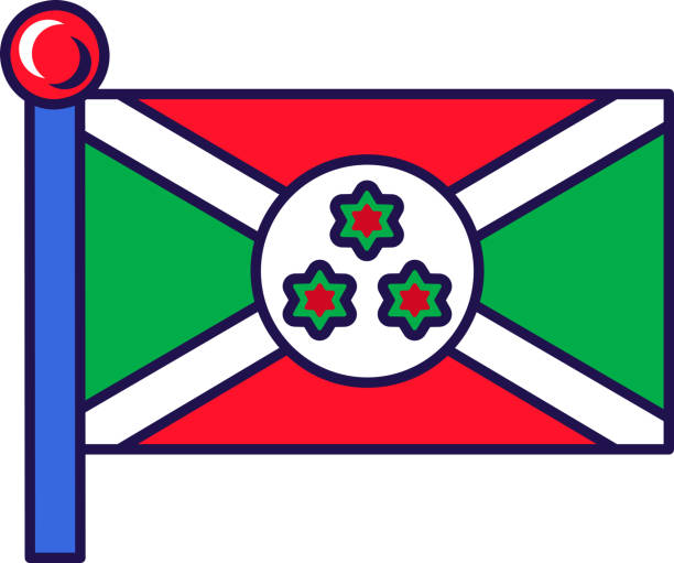 Burundi republic nation flag on flagstaff vector Burundi republic nation flag on flagstaff vector. National, official and patriotic symbol of freedom. Stars on red, green and white color traditional insignia flat cartoon illustration national geographic stock illustrations