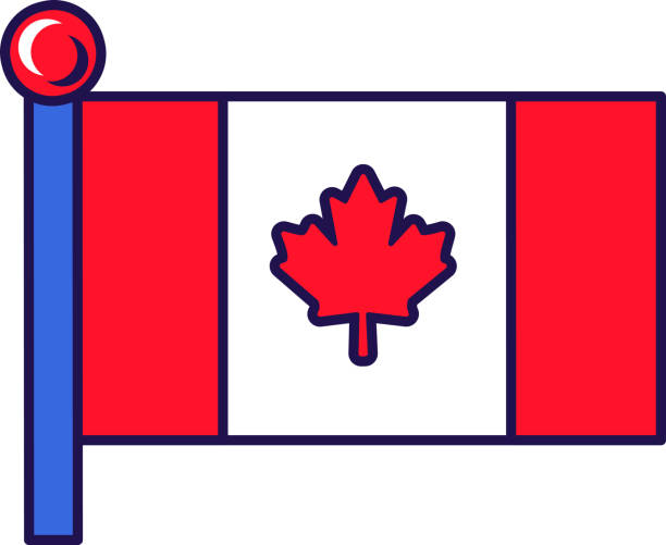 Canada country nation flag on flagstaff vector Canada country nation flag on flagstaff vector. Maple leaf on white background and red stripes on national and patriotic symbol of freedom. Territory traditional insignia flat cartoon illustration national geographic stock illustrations