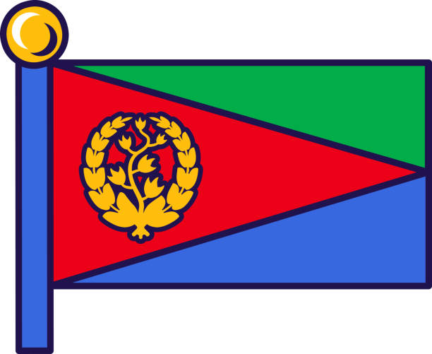 Eritrea african country flag on flagstaff vector Eritrea african country flag on flagstaff vector. National, official and patriotic symbol of freedom. Olive branch on red, green and blue color territory traditional insignia flat cartoon illustration national geographic stock illustrations