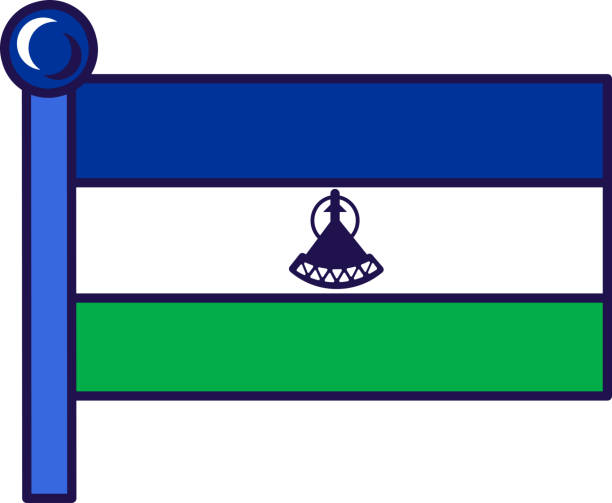 Lesotho kingdom nation flag on flagstaff vector Lesotho kingdom nation flag on flagstaff vector. Horizontal triband of blue, white and green color with black mokorotio. Basotho hat on official symbol of freedom flat cartoon illustration national geographic stock illustrations