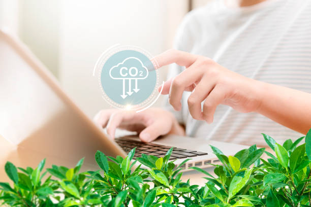 Teenage men use laptops to learning-analyze Reduce CO2 emission for environmental, climate change, Sustainable development and green business based on renewable energy.