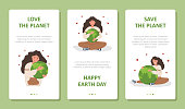 istock Earth day illustrations. Set of vector posters. Cute girl holding Planet with care and love. Perfect for web design, business presentation, marketing and social media 1469736238