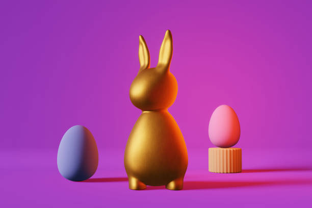 istock Shiny golden bunny egg purple pink neon light 3d rendering Contemporary creative minimalist style pop-art greeting card. 1469736712