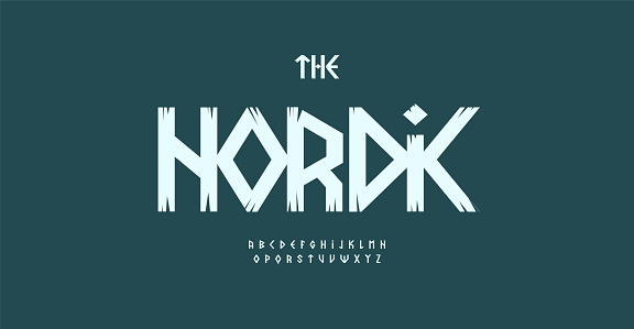 Nordic font alphabet letters. Modern logo typography. Runic Scandinavian typographic design. Wooden letter set for nature park logo, headline, title, monogram, lettering. Isolated vector typeset.