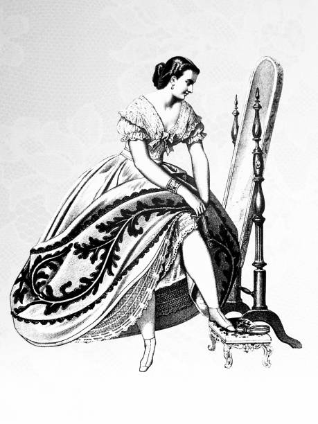 istock Young pretty woman dresses herself standing at a long mirror, left leg put on a stool, skirt lifted 1469741929