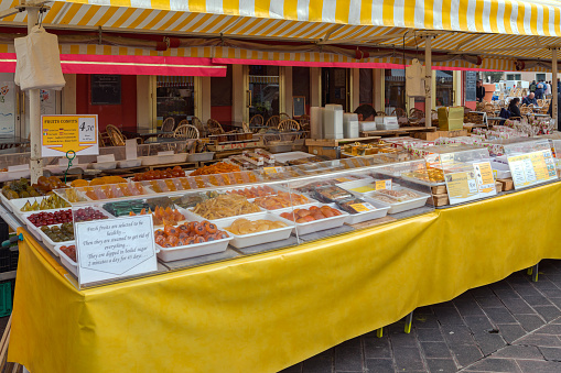 Nice, France - January 31, 2018: Traditional Candied Fruits Sweets at Saleya Market.