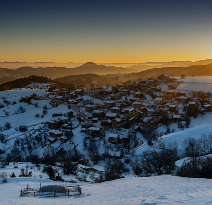 Winter sunrise in Rhodope mountains. Bulgaria, Europe.