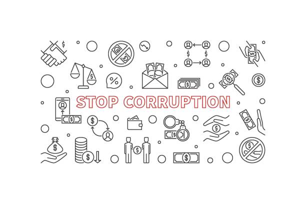 stop corruption konzept vektor umriss horizontales banner - corrupt practice stock-grafiken, -clipart, -cartoons und -symbole