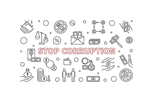 Stop Corruption concept vector outline horizontal banner or illustration