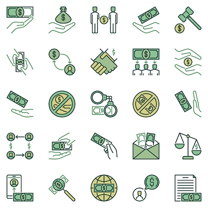 Corruption colored icons set. Bribe and Money creative concept signs collection