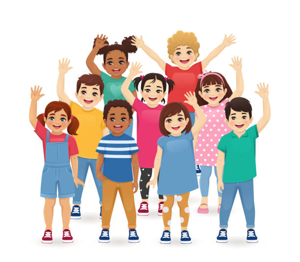Smiling kids waving Group of smiling kids boys and girls waving hands isolated vector illustration. Multiethnic little children. multicultural children stock illustrations